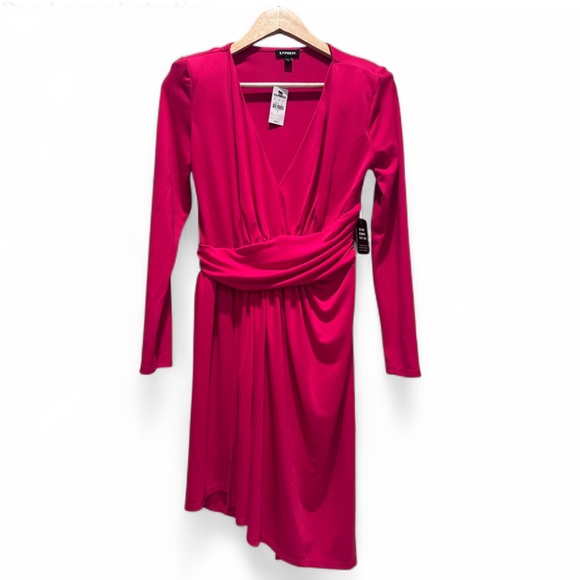 NWT Express Draped V-Neck Strong Shoulder Mini Dress Size Small Fuchsia Pink - Picture 2 of 10